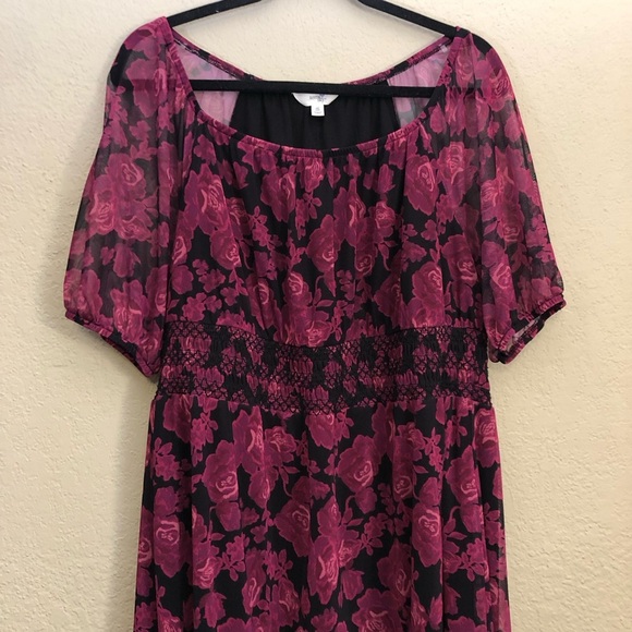 Terra & Sky Women's Sheer Dress OX 14W Rose Floral Black/Burgundy Moody Romantic - Picture 2 of 11